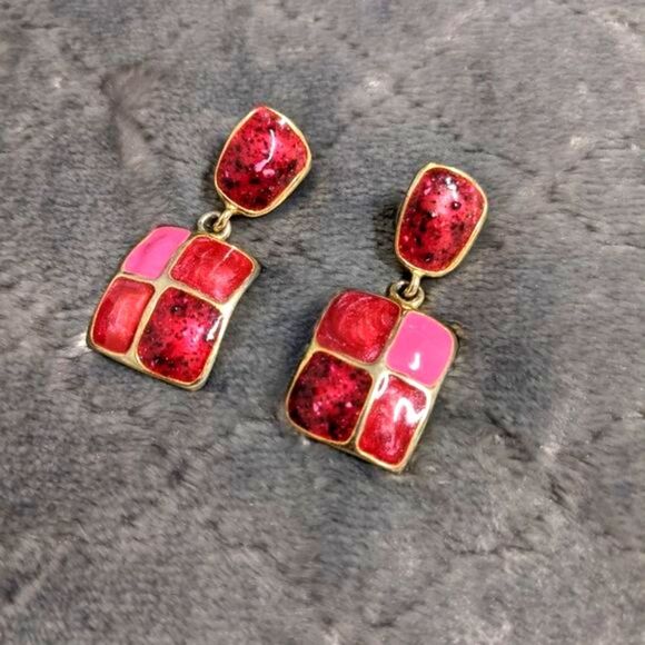 Vintage 1980's Pink & Gold Square Enamel Pierced Earrings - Picture 9 of 9